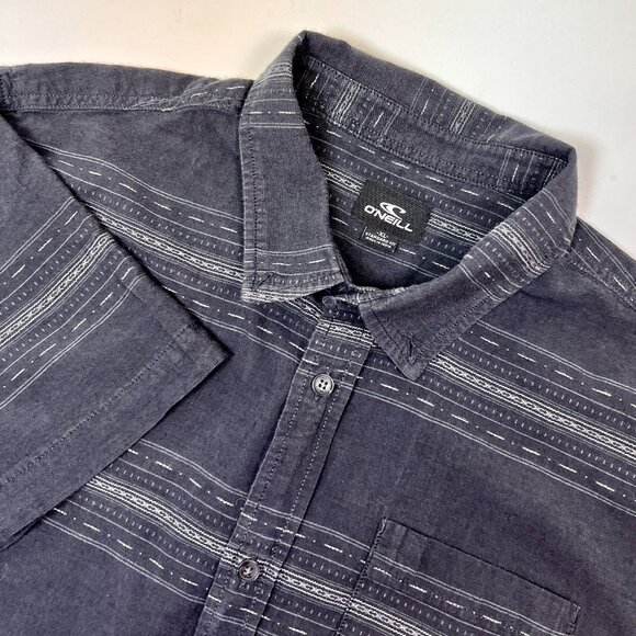 O’Neill Men’s XL Black Gray Jacquard Stripe Short Sleeve Cotton Button Up Shirt - Picture 1 of 8